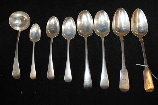 Pair Victorian silver tablespoons and 6 other silver spoons, various